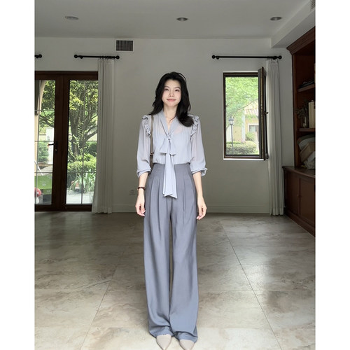 郭九九呢 气质荷叶边飘带衬衫百搭吊带新款高腰显瘦阔腿长裤女