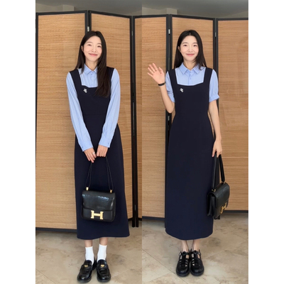 郭九九呢 学院风收腰显瘦衬衫假两件长袖西装连衣裙春秋新款长裙