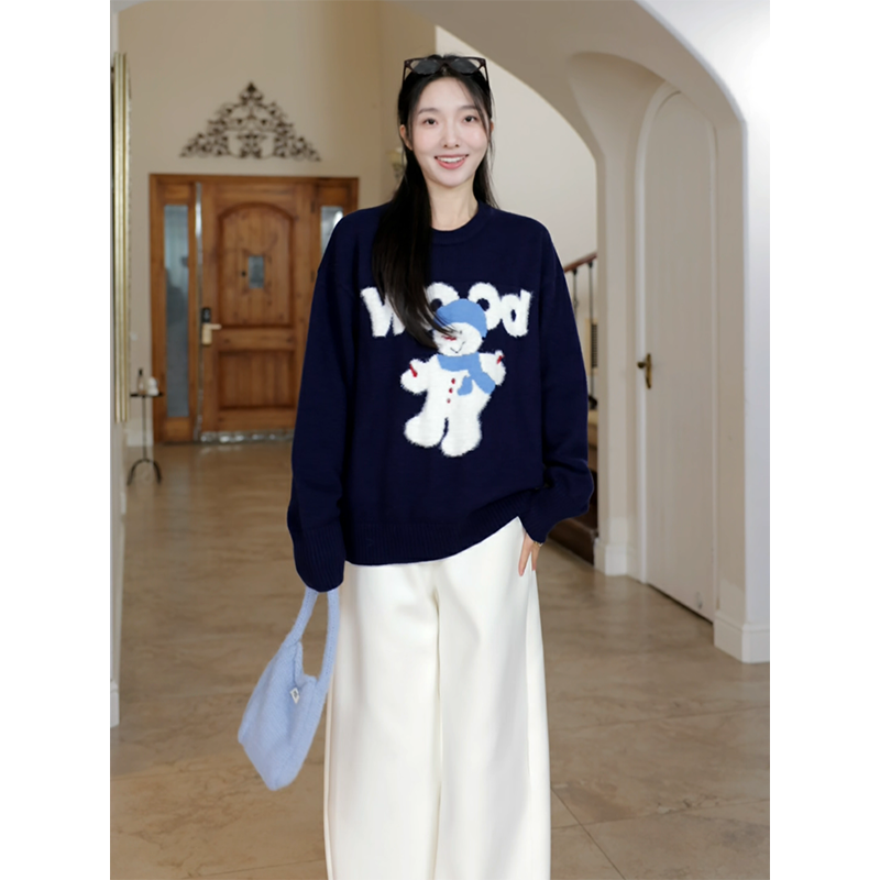 郭九九呢 软糯可爱字母雪人宽松圆领毛衣秋冬新款上衣加绒弯刀裤