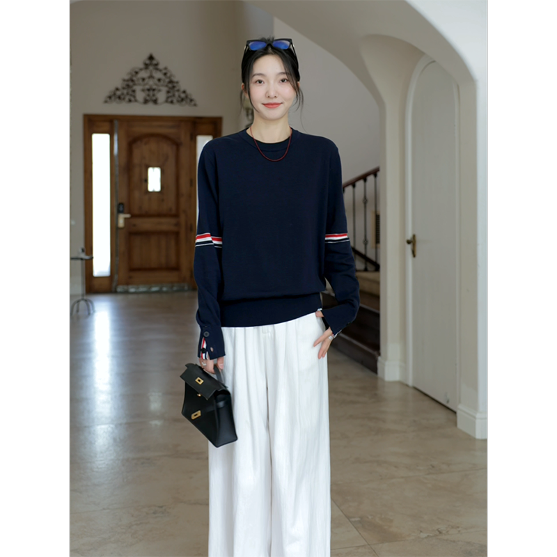 郭九九呢 纯棉TB留学生风撞色宽松毛衣秋季上衣显瘦牛仔阔腿长裤