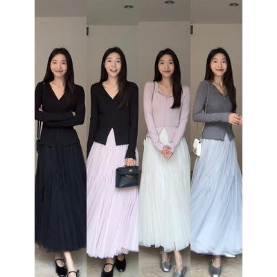 郭九九 蝴蝶重工拼接飘逸长款网纱裙春季新款百搭显瘦半裙松紧腰