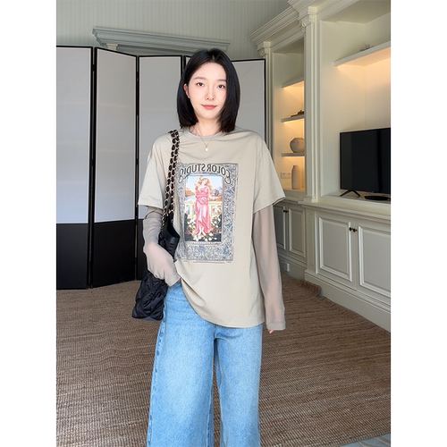 郭九九呢 棉假两件印花拼接长袖T恤夏季百搭复古显瘦牛仔7分裤女
