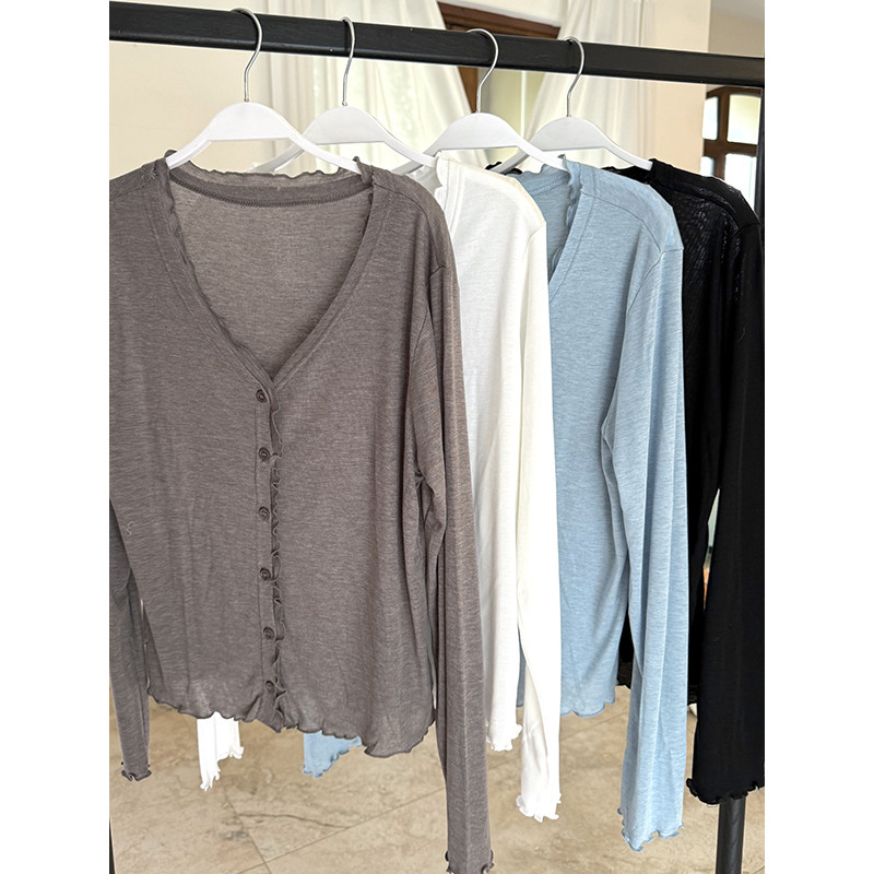 郭九九呢 桑蚕丝天丝气质宽松显瘦百搭木耳边针织开衫新款上衣