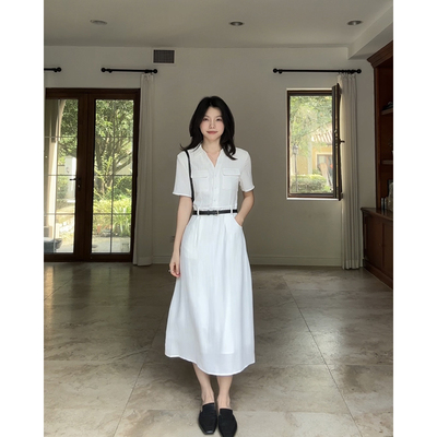 郭九九呢 亚麻法式V领气质简约收腰显瘦连衣裙夏季新款长裙含腰带