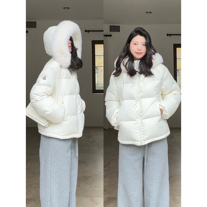 郭九九呢90白鸭绒连帽羽绒服冬季百搭外套宽松真狐狸毛加厚阔腿裤