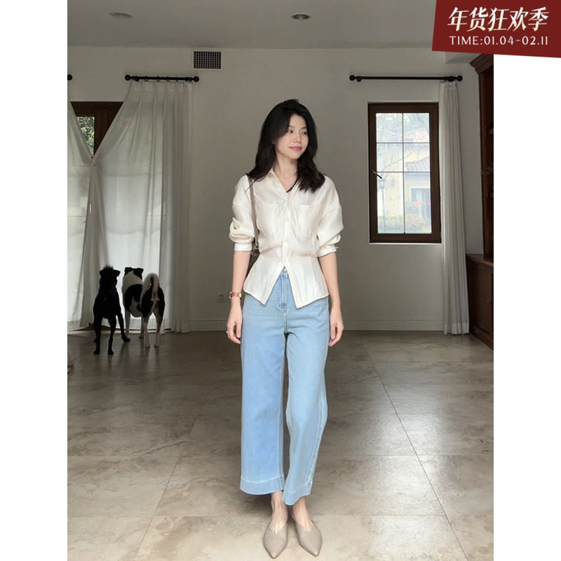 郭九九呢 气质收腰落肩袖长袖衬衫设计感小众上衣九分直筒牛仔裤,女装/女士精品,时尚套装,淘宝优惠券,粉丝福利购,淘宝优惠卷