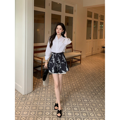 郭九九呢 简约显瘦通勤气质衬衫女新款印花拼接设计感百褶裙裤