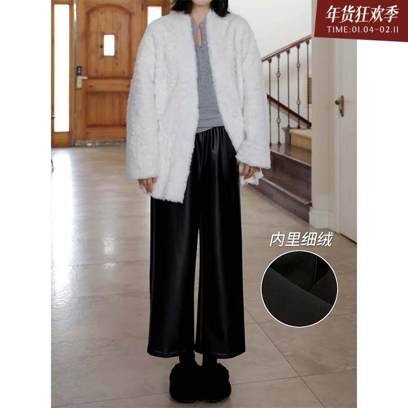 郭九九呢 帅气宽松显瘦松紧腰加绒九分皮裤冬季百搭绒感T恤内搭,女装/女士精品,时尚套装,淘宝优惠券,粉丝福利购,淘宝优惠卷