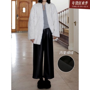 郭九九呢 帅气宽松显瘦松紧腰加绒九分皮裤冬季百搭绒感T恤内搭