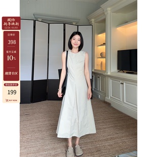 郭九九呢 棉气质优雅通勤简约收腰显瘦无袖背心连衣裙夏季长裙