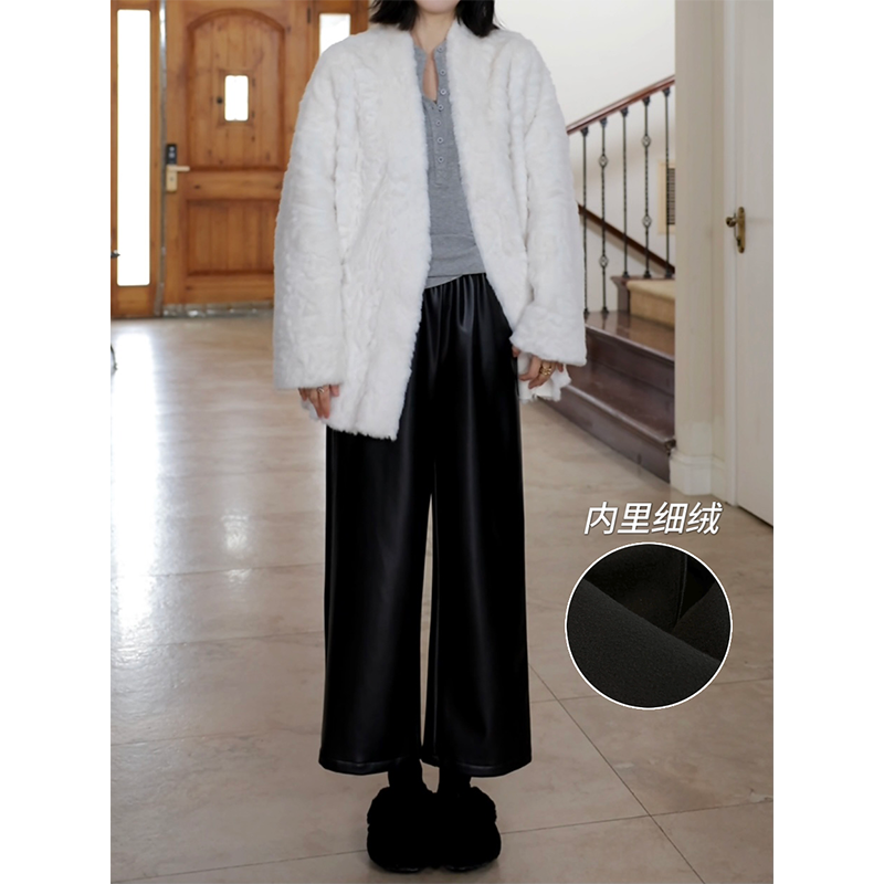 郭九九呢 帅气宽松显瘦松紧腰加绒九分皮裤冬季百搭绒感T恤内搭