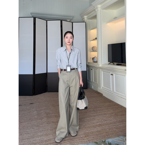郭九九呢全棉条纹衬衫显瘦阔腿裤