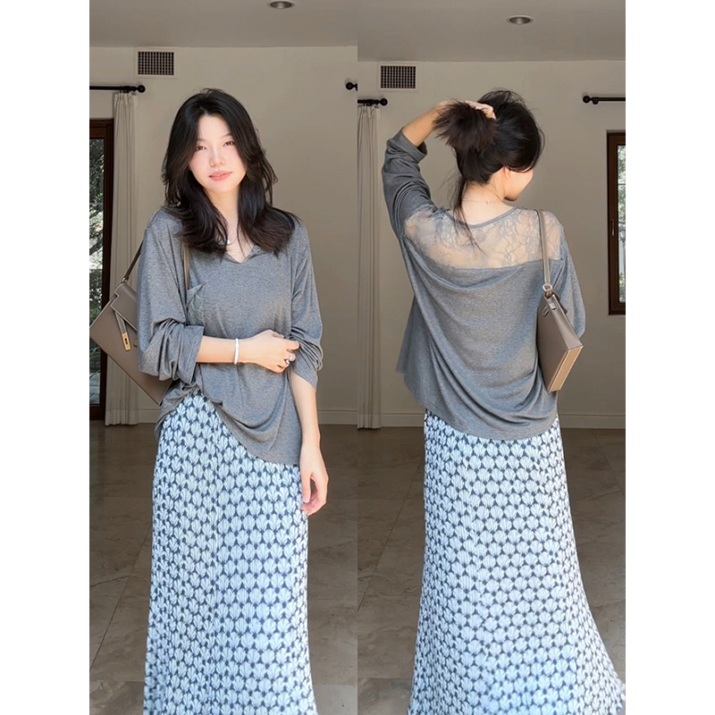 郭九九呢 气质蕾丝拼接落肩袖长袖T恤早秋上衣女重工压皱半身裙