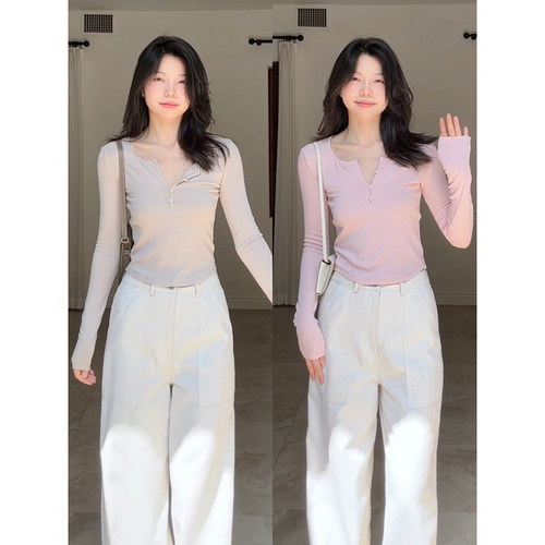 郭九九呢 棉气质修身显瘦打底长袖t恤女秋季上衣高腰直筒阔腿裤