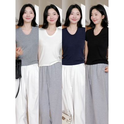 郭九九呢 天丝醋酸羊毛U领简约百搭显瘦基础短袖T恤夏季新款上衣