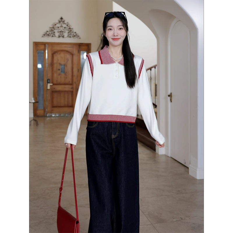 郭九九呢减龄感波浪花边撞色翻领条纹毛衣秋季上衣百搭阔腿牛仔裤