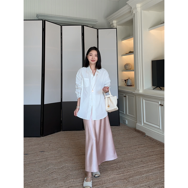 郭九九呢 100%棉简约百搭宽松显瘦衬衫秋季上衣斜裁缎面半身裙