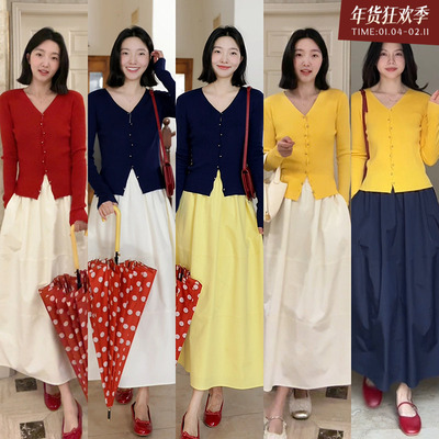 郭九九呢 羊毛桑蚕丝迪士尼在逃公主百搭开衫女春季高腰显瘦半裙