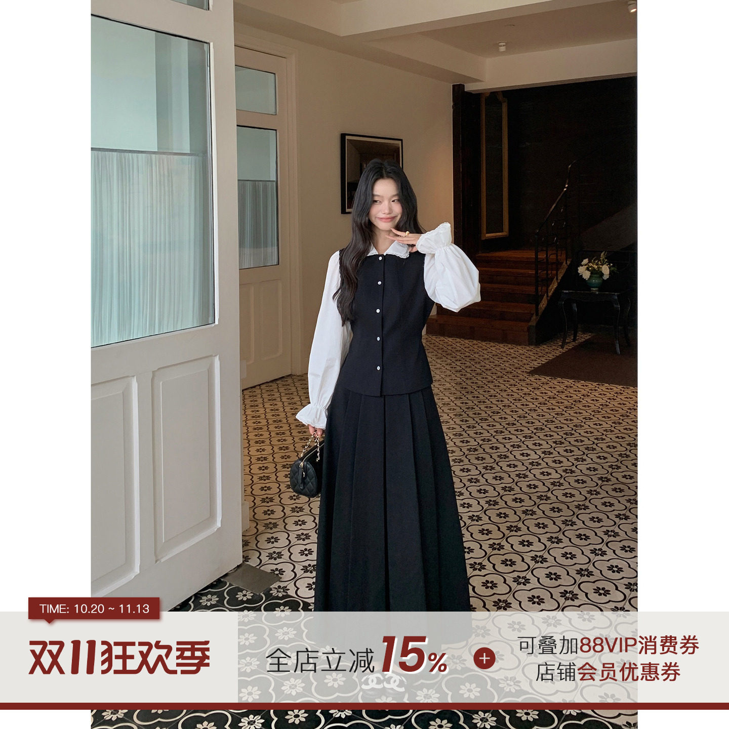 郭九九呢【唐顿庄园】法式复古泡泡袖衬衫显瘦半身裙高知套装女秋