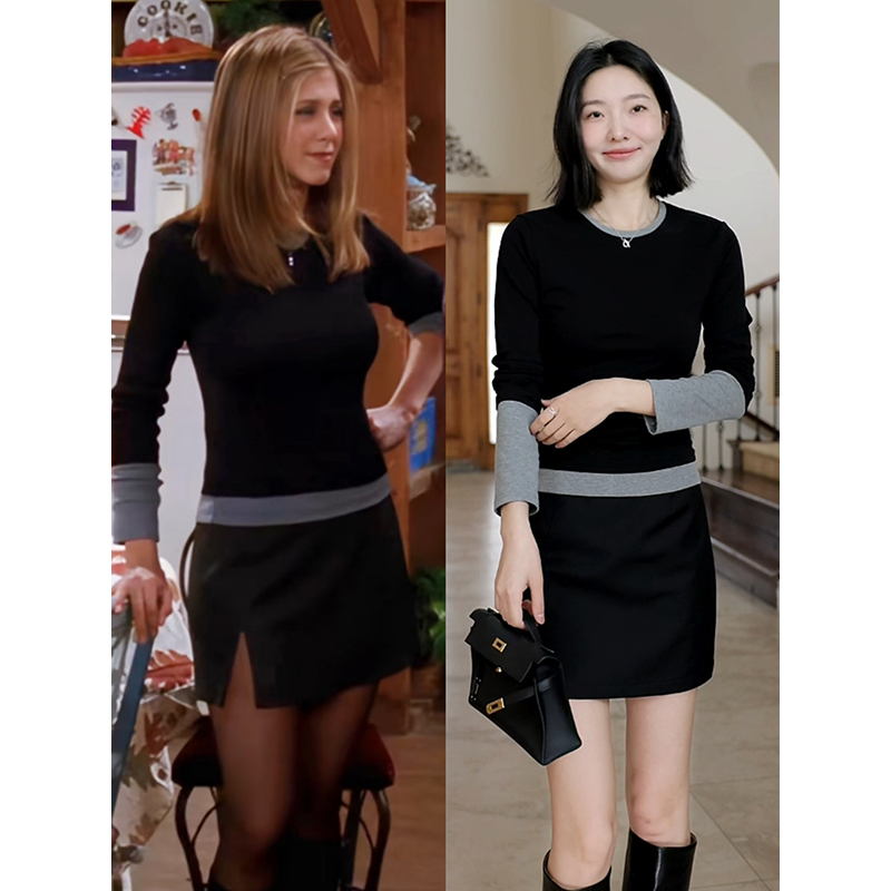 郭九九呢棉极简显瘦撞色拼接长袖t恤春季百搭上衣高腰开叉a字半裙