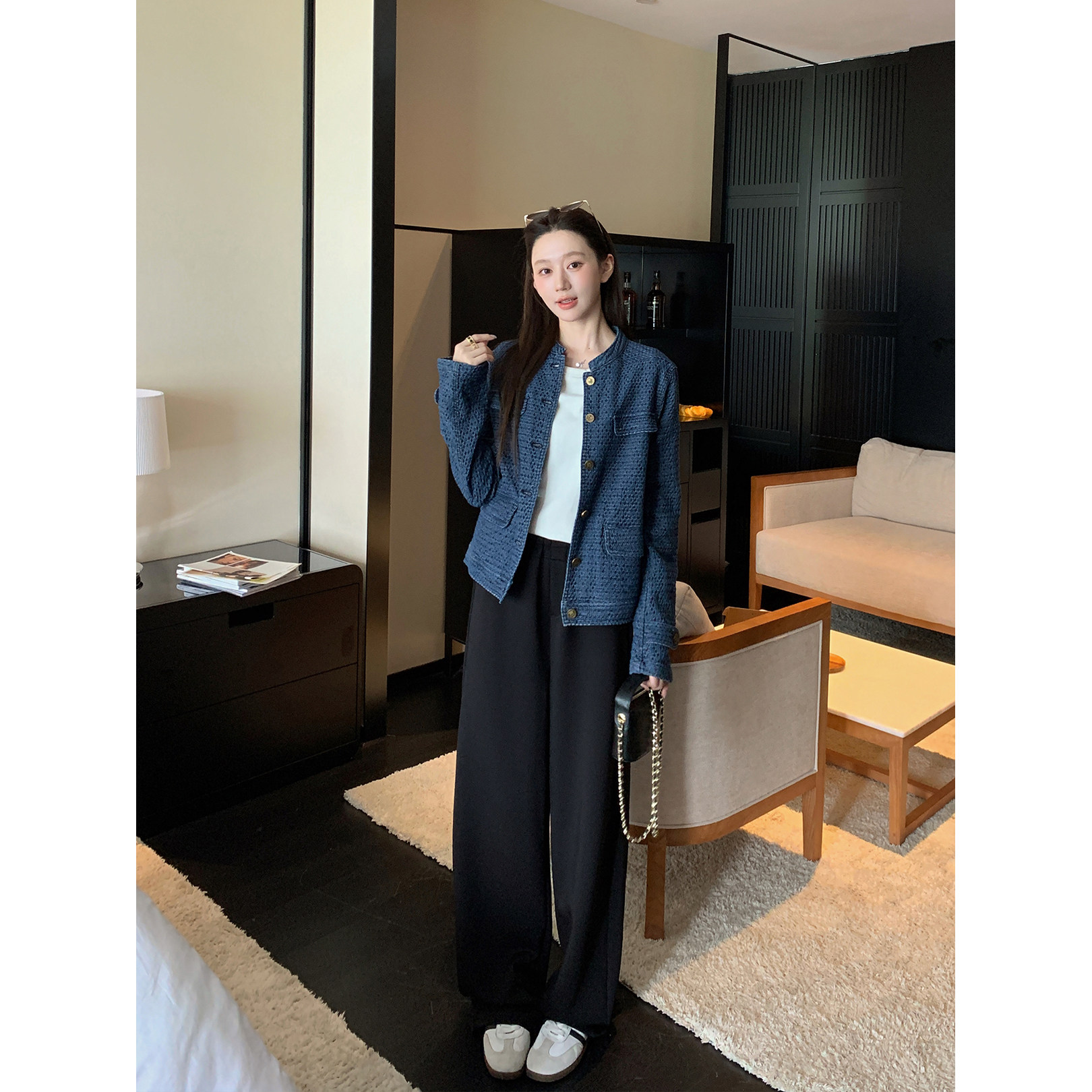 郭九九呢 棉质肌理感牛仔立领外套秋季百搭上衣女休闲弯刀裤卫裤
