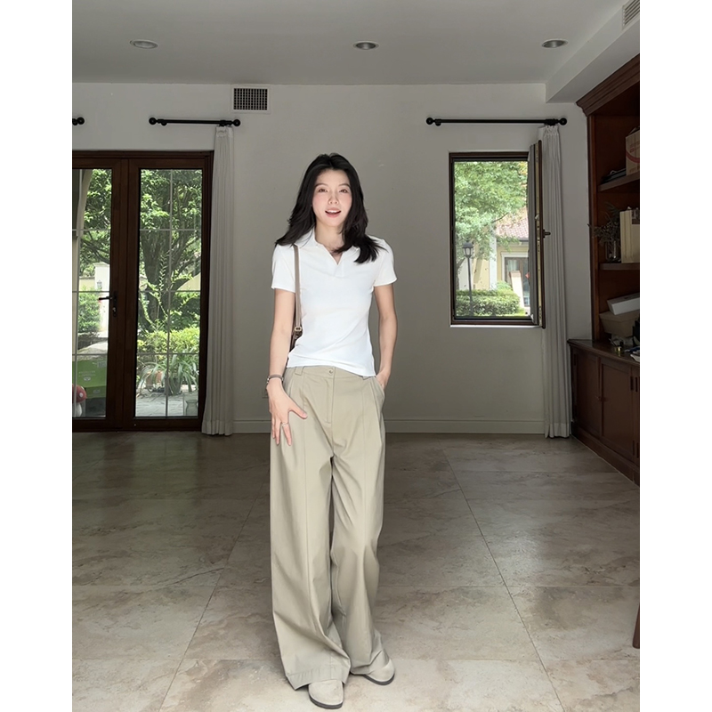 郭九九呢 棉简约polo修身显瘦短袖t恤夏季百搭上衣休闲直筒阔腿裤