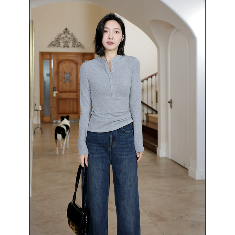 郭九九呢 棉气质修身显瘦绒感打底衫T恤秋冬百搭上衣加绒牛仔裤
