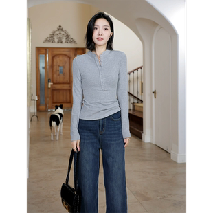 郭九九呢 棉气质修身显瘦绒感打底衫T恤秋冬百搭上衣加绒牛仔裤