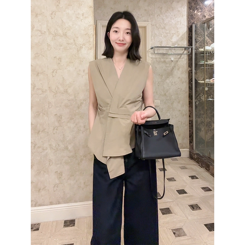 郭九九呢 100%棉V领无袖设计感不规则衬衫小众上衣九分阔腿裤长裤