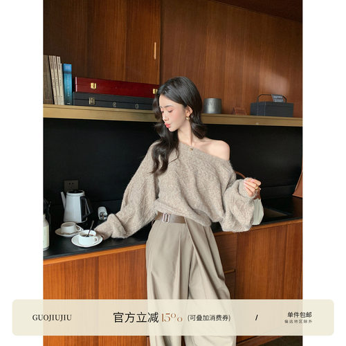 郭九九呢【燕麦诗篇】韩系慵懒纯欲菱格针织衫早秋巨好看宽松上衣