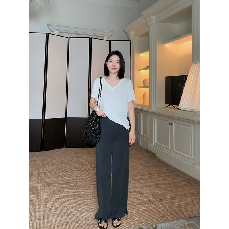 郭九九呢 简约v领百搭通勤短袖t恤夏季百搭上衣宽松显瘦直筒长裤