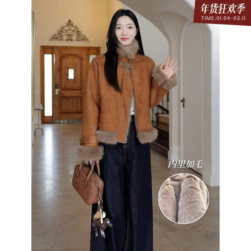 郭九九呢帅气复古立领宽松毛毛麂皮绒外套冬季百搭上衣阔腿牛仔裤,女装/女士精品,时尚套装,淘宝优惠券,粉丝福利购,淘宝优惠卷