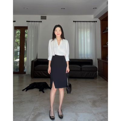 郭九九呢 法式V领气质职业通勤缎面衬衫女夏季不规则西装半身裙