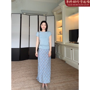 郭九九呢桑蚕丝羊毛简约显瘦短袖 气质上衣开叉斜裁半身裙 夏季