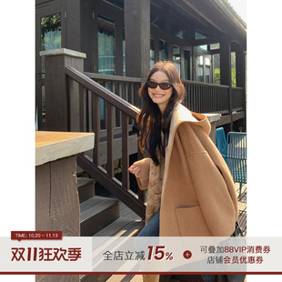 郭九九呢【星辰】正反两穿双面呢大衣女秋冬复古慵懒通勤连帽外套