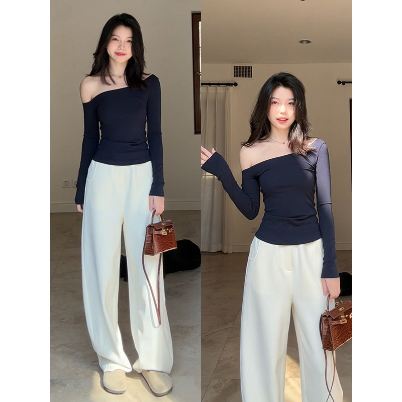 郭九九呢 天丝棉弯刀卫裤性感设计感斜肩修身显瘦T恤春季小众上衣