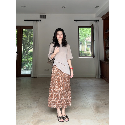 郭九九呢 桑蚕丝天丝慵懒风宽松针织上衣女夏季复古印花半身裙