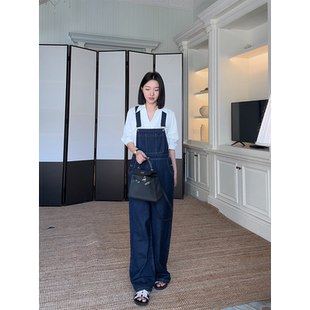 設(shè)計(jì)感V領(lǐng)斜門襟襯衫 郭九九呢 棉質(zhì)復(fù)古簡(jiǎn)約顯瘦牛仔背帶褲 夏季