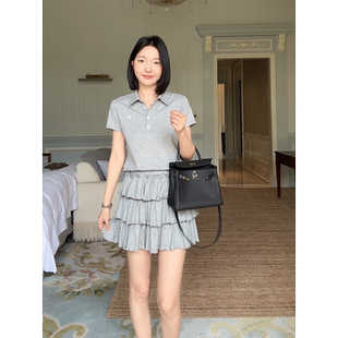郭九九呢棉休闲撞色扣显瘦POLO衫 百搭上衣荷叶边蛋糕半裙 短袖 夏季