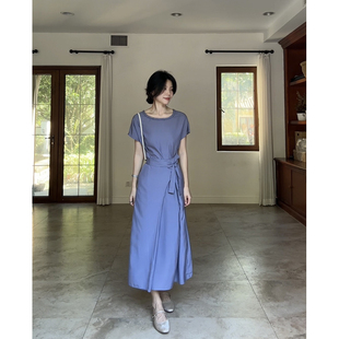 100%天絲氣質(zhì)簡約假兩件綁帶收腰顯瘦連衣裙夏季 郭九九呢 長裙
