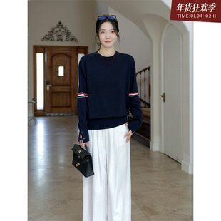 郭九九呢 纯棉TB留学生风撞色宽松毛衣秋季上衣显瘦牛仔阔腿长裤