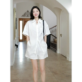 宽松上衣简约显瘦短裤 郭九九呢 夏季 衬衫 100%亚麻老钱风刺绣短袖