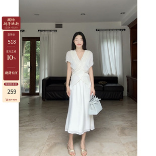 气质长裙 优雅假两件交叉蝴蝶亮面显瘦连衣裙夏季 郭九九呢 法式