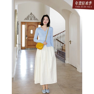 郭九九呢 羊毛桑蚕丝迪士尼在逃公主百搭开衫女春季高腰显瘦半裙