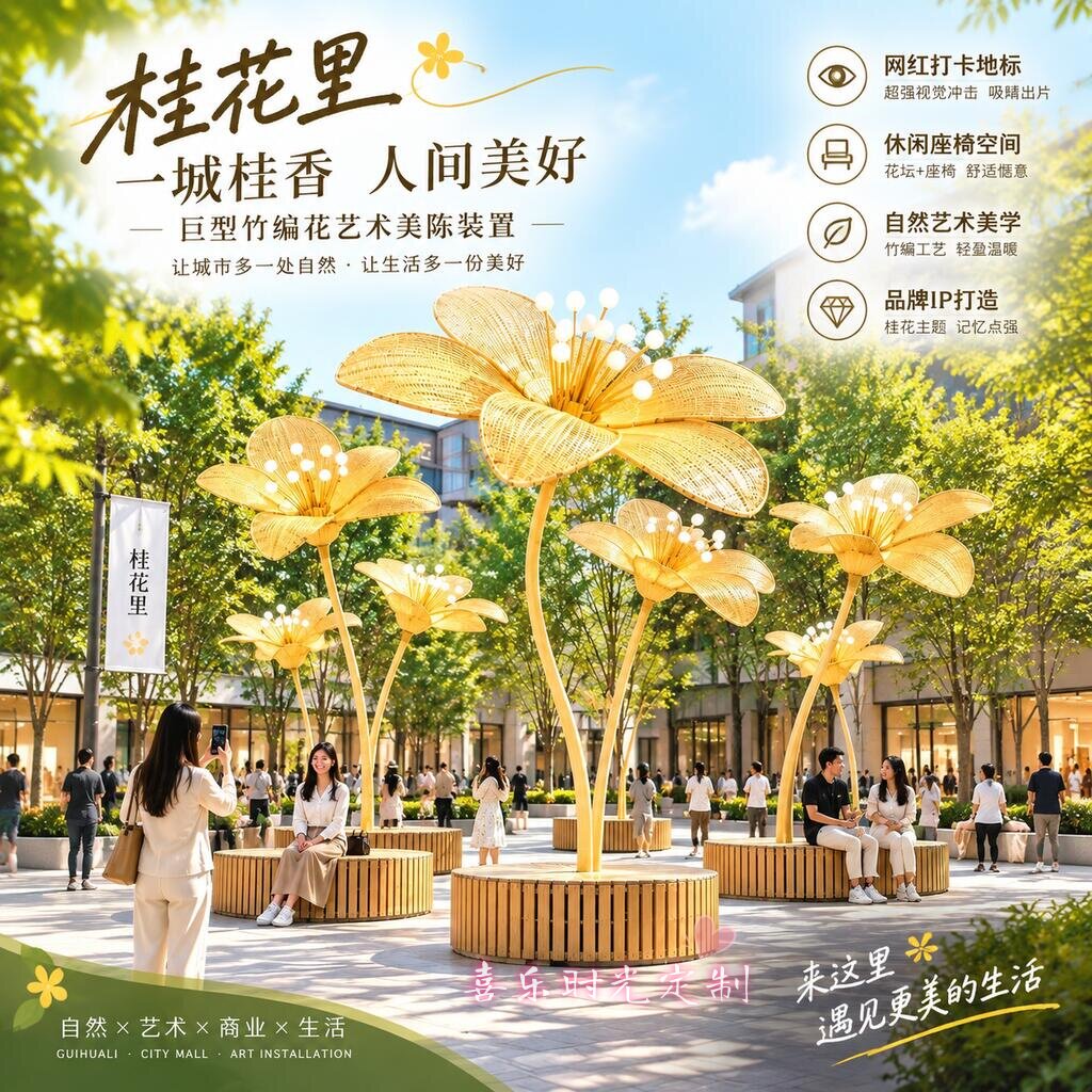户外竹编桂花坐椅景区商业广场美陈落地手工竹篾编织网红打卡引流
