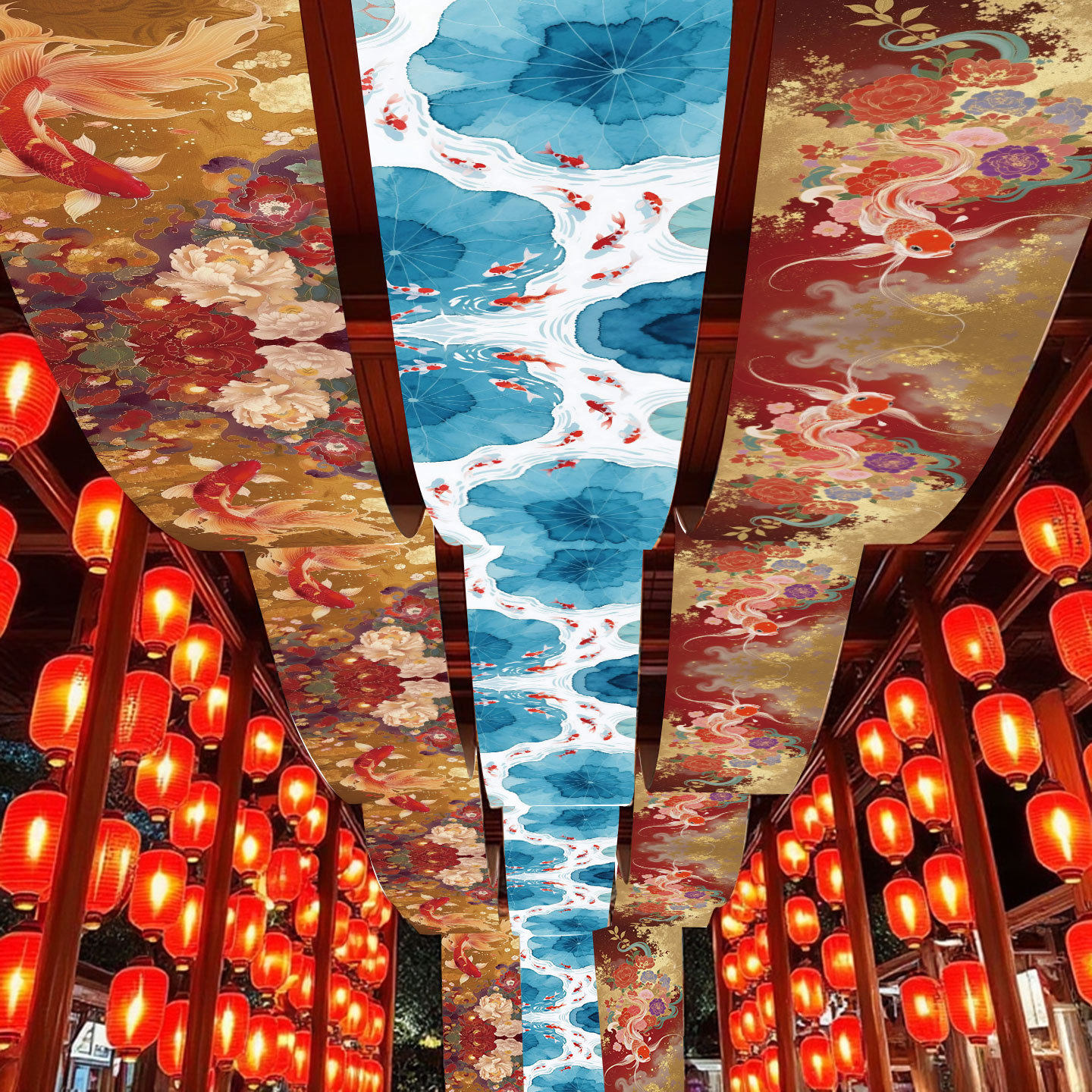 国潮锦鲤天幕挂布吊顶装饰布室内天花板长条氛围布餐厅背景布国潮,节庆用品/礼品,节日装扮用品,淘宝优惠券,粉丝福利购,淘宝优惠卷