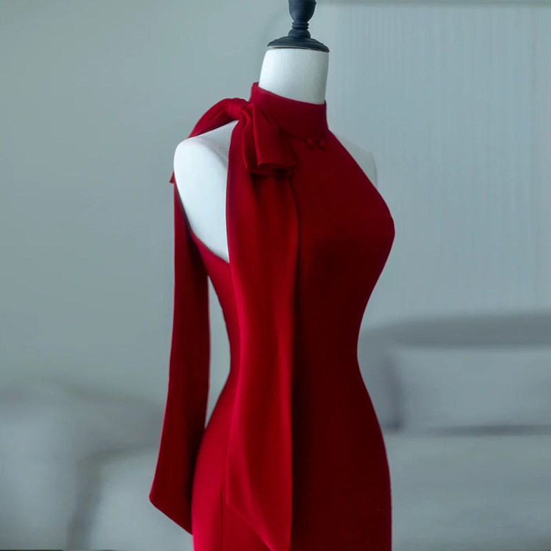 thumbnail for Toast dress bride, 2026 new burgundy new Chinese improved cheongsam wedding engagement evening dress skirt, small man