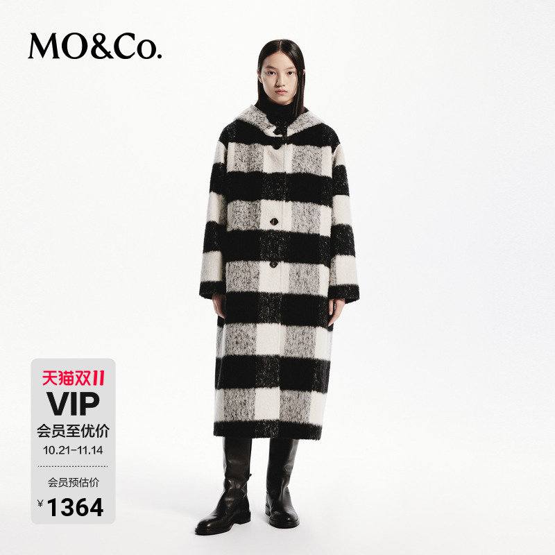 【MOCO奥莱】大衣外套绵羊毛羊驼毛秋黑白格纹长款连帽