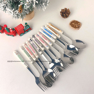 新款可爱陶瓷柄不锈钢叉勺套装卡通KT猫美乐蒂玉桂狗勺三丽鸥餐具