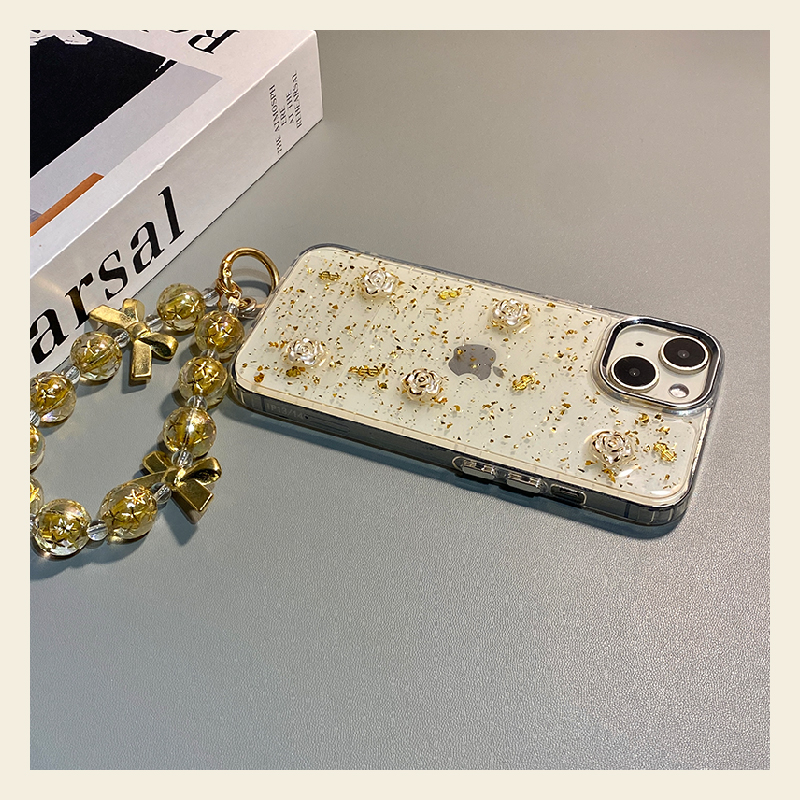 手机壳滴胶金箔ins风立体山茶花带手链